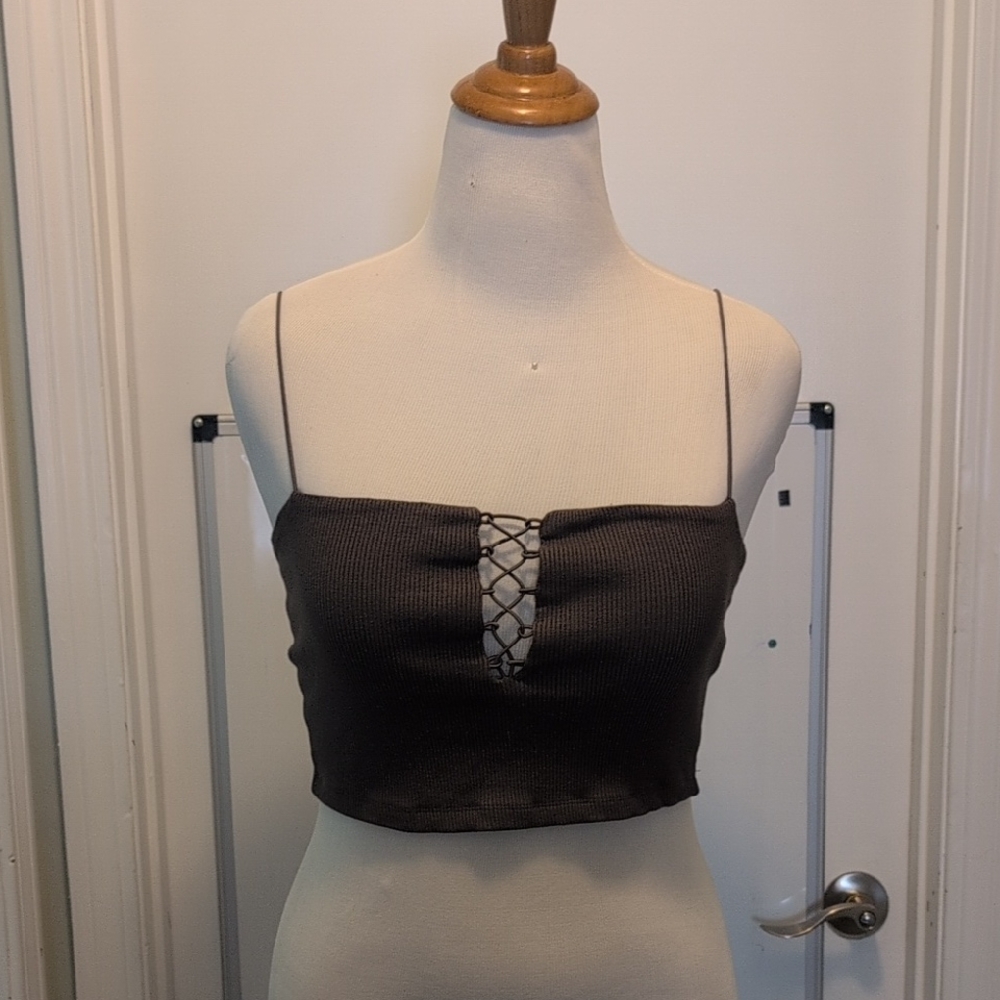 Free People Black Ribbed Lace-Up Cropped Cami